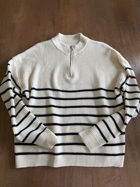Amazon Women's Cream Crewneck Sweater with Black Stripes